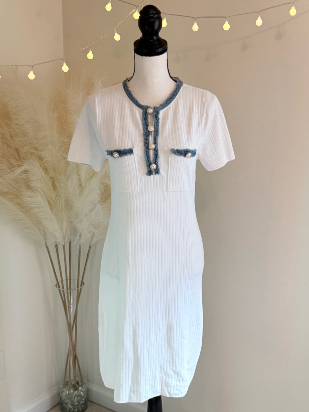 🌾‎ Nanette Lepore White Midi Dress with Blue Trim